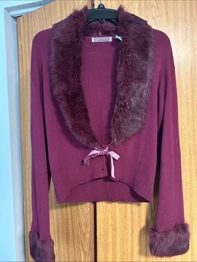 Faux Fur-Trim Burgundy Cropped Cardigan Sweater